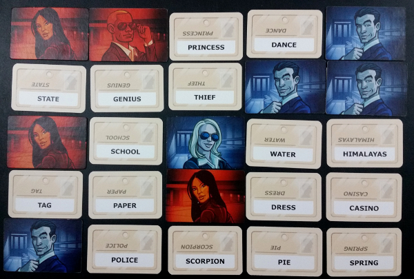 Codenames in action. Currently Blue is leading 5 to 4